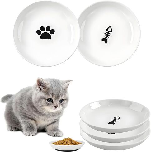 3 Pack Cat Food Bowl Ceramic Cat Bowls for Indoor Cats Plates Anti Whisker Fatigue Bowl Set，5.9 inch Wide Shallow Ceramic Cats Dishes for Food and Water (Cat's Paw+Fishbone) in Saudi Arabia