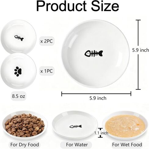 3 Pack Cat Food Bowl Ceramic Cat Bowls for Indoor Cats Plates Anti Whisker Fatigue Bowl Set，5.9 inch Wide Shallow Ceramic Cats Dishes for Food and Water (Cat's Paw+Fishbone) in Saudi Arabia