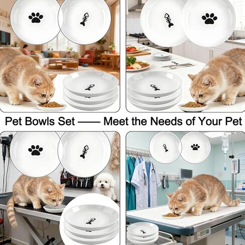 3 Pack Cat Food Bowl Ceramic Cat Bowls for Indoor Cats Plates Anti Whisker Fatigue Bowl Set，5.9 inch Wide Shallow Ceramic Cats Dishes for Food and Water (Cat's Paw+Fishbone) in Saudi Arabia