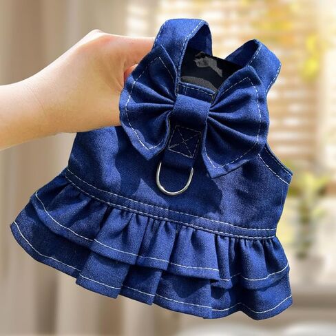 Dog Denim Dresses Bow Princess Harness Dress Summer Dog Apparel with Leash Ring for Medium Large Dog Cat Small Pets Animals in Saudi Arabia