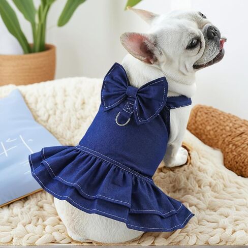 Dog Denim Dresses Bow Princess Harness Dress Summer Dog Apparel with Leash Ring for Medium Large Dog Cat Small Pets Animals in Saudi Arabia