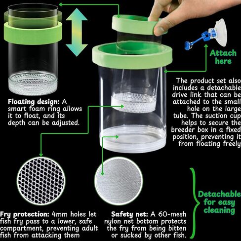 Betta Guppy Breeding Box for Fish Tank and Artificial Plants, Floating Guppy Breeding Box with Suction Cups, Acrylic Breeder Isolation Incubator for Aquarium Tank, Hatchery Breeder Chamber (Green, M) in Saudi Arabia