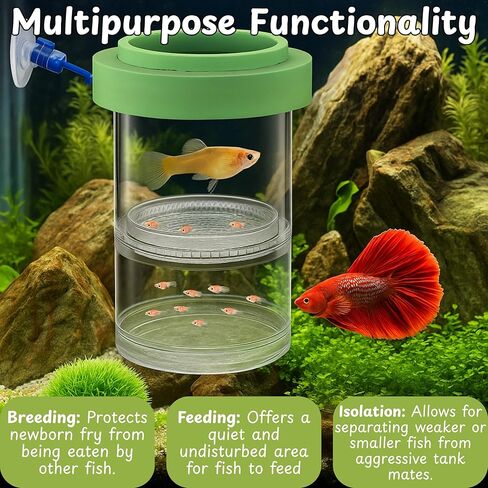 Betta Guppy Breeding Box for Fish Tank and Artificial Plants, Floating Guppy Breeding Box with Suction Cups, Acrylic Breeder Isolation Incubator for Aquarium Tank, Hatchery Breeder Chamber (Green, M) in Saudi Arabia