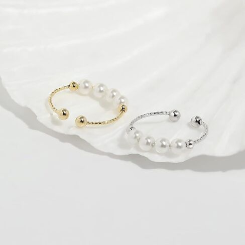 Anxiety Fidget Ring for Women 925 Sterling Silver Spinning Ring Gold Ring Anxiety Relieving Fidget Ring Stress Relief Healing Ring Pearl Bead Ring (Rose Gold) in Saudi Arabia