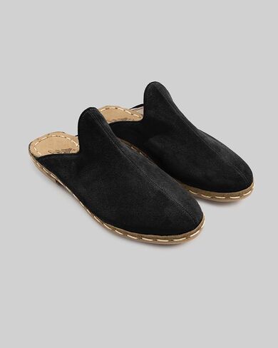 Ottoman Black Color Artisan Handcrafted Suede Genuine Leather Zero Drop Slippers For Men Wide Toe Box Flexible Sole Lightweight Breathable Eco-Friendly Grounding Minimalist Shoes in Kuwait