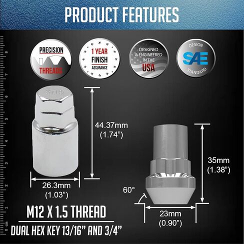 Wheel Accessories Parts M12 1.50 12x1.5 Thread Open End 0.83" Long Locking Wheel Lug Nuts Lock Chrome Dual Hex Key 13/16" and 3/4" Fits Many Chevy Honda Toyota Passenger Vehicles in Kuwait
