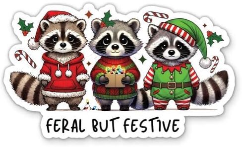 Feral But Festive Raccoon Christmas Waterproof Sticker in Saudi Arabia