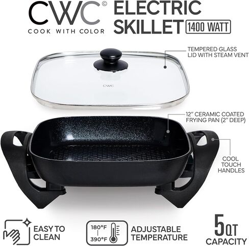 COOK WITH COLOR Electric Skillet - 12" x 12" Ceramic Nonstick Pan, PFAS-Free, 1400W, Tempered Glass Lid, Variable Temperature, Removable Heating Probe, Cool-Touch Handles, Slate Blue in Saudi Arabia