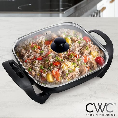 COOK WITH COLOR Electric Skillet - 12" x 12" Ceramic Nonstick Pan, PFAS-Free, 1400W, Tempered Glass Lid, Variable Temperature, Removable Heating Probe, Cool-Touch Handles, Slate Blue in Saudi Arabia