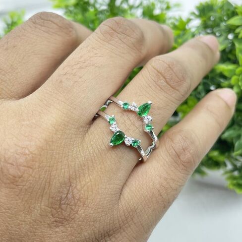 Green Emerald & White Diamond Crown Shaped Enhancer Guard For Women, 14k Gold Finish Green Emerald Wrap Ring, Engagement Ring in Saudi Arabia