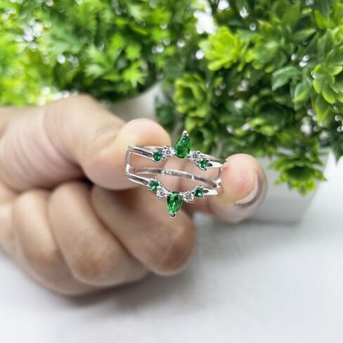Green Emerald & White Diamond Crown Shaped Enhancer Guard For Women, 14k Gold Finish Green Emerald Wrap Ring, Engagement Ring in Saudi Arabia