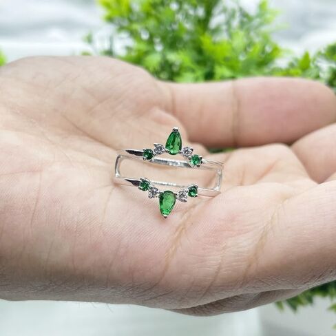 Green Emerald & White Diamond Crown Shaped Enhancer Guard For Women, 14k Gold Finish Green Emerald Wrap Ring, Engagement Ring in Saudi Arabia