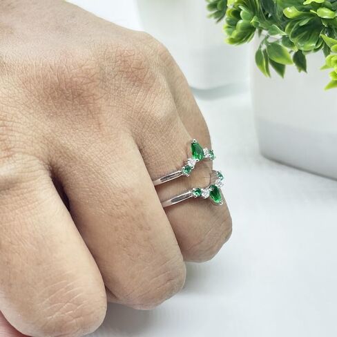 Green Emerald & White Diamond Crown Shaped Enhancer Guard For Women, 14k Gold Finish Green Emerald Wrap Ring, Engagement Ring in Saudi Arabia