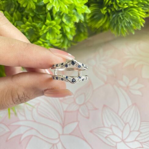Blue Sapphire & White Diamond V Shaped Enhancer Guard For Women, 14k Gold Finish Blue Sapphire Wrap Ring, Anniversary Band in Saudi Arabia