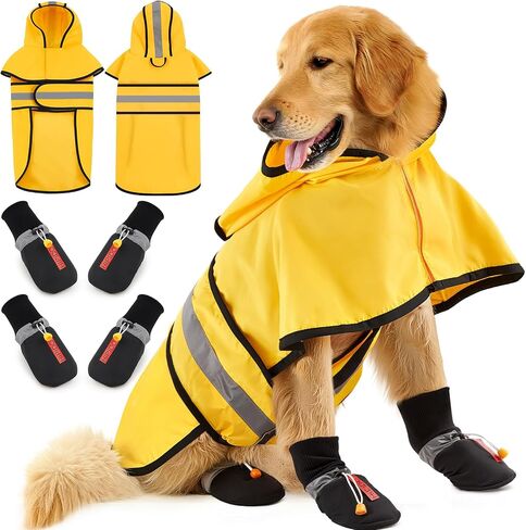Dog Raincoat and Dog Shoes for Weighing 35-50lbs, Winter Snowy Day Waterproof Dogs Boots & Paw Protectors, Adjustable Pet Poncho with Leash Hole for Large Medium Small Dogs, Yellow in Saudi Arabia