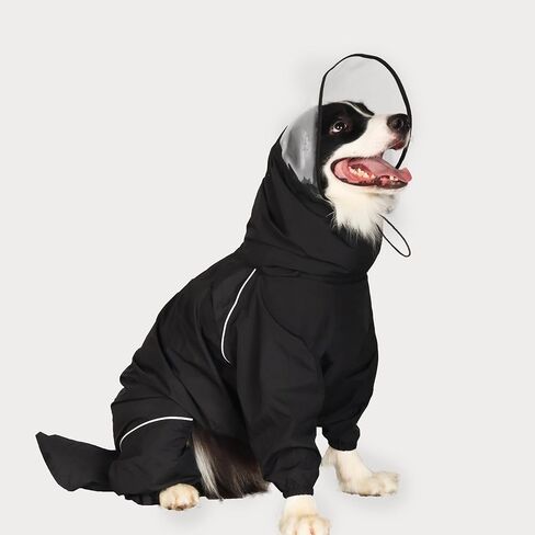 Dog Raincoat for Medium Large Dogs,rain Jacket Coat, Full Leg Coverage Waterproof Rain Suit with Detachable Hood & Tail, Reflective Strips, Snag-Free Top Zipper (Black for Boy, XX-Large) in Kuwait