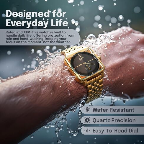 Square Watch with Stainlees Steel Band, Unisex Analog Watch, Water Resistant, Black Dial, Available in Gold, Silver, Black in Saudi Arabia