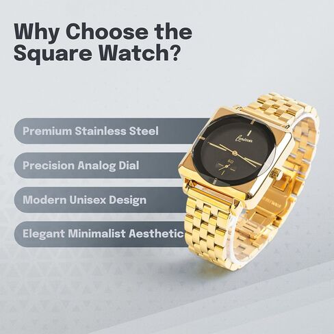 Square Watch with Stainlees Steel Band, Unisex Analog Watch, Water Resistant, Black Dial, Available in Gold, Silver, Black in Saudi Arabia