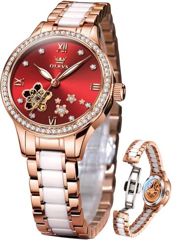 OLEVS Womens Watches Automatic Luxury Dress Ladies Watch Ceramic Strap Rose Gold Self Winding Female Wrist Watch in Saudi Arabia
