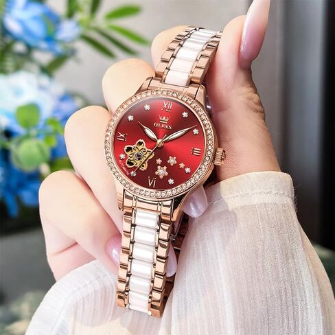 OLEVS Womens Watches Automatic Luxury Dress Ladies Watch Ceramic Strap Rose Gold Self Winding Female Wrist Watch in Saudi Arabia