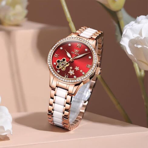 OLEVS Womens Watches Automatic Luxury Dress Ladies Watch Ceramic Strap Rose Gold Self Winding Female Wrist Watch in Saudi Arabia