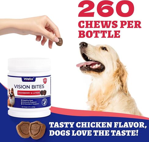 Wellix 260 Bites Vision Chews - Dog Tear Stain Remover & Eye Supplement with Cranberry Extract, Lutein, Taurine, Marshmallow Root, Vitamin for Puppy, Small Medium & Large Dogs in Kuwait