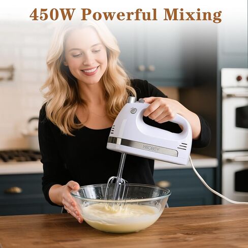 450W Electric Hand Mixer, 5-Speed Handheld Mixer with Storage Case, Turbo & Eject Button, Includes 2 Beaters & 2 Dough Hooks for Baking, Cake, Egg, Cream (White) in Kuwait