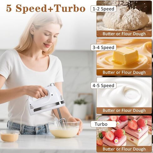 450W Electric Hand Mixer, 5-Speed Handheld Mixer with Storage Case, Turbo & Eject Button, Includes 2 Beaters & 2 Dough Hooks for Baking, Cake, Egg, Cream (White) in Kuwait