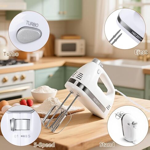 450W Electric Hand Mixer, 5-Speed Handheld Mixer with Storage Case, Turbo & Eject Button, Includes 2 Beaters & 2 Dough Hooks for Baking, Cake, Egg, Cream (White) in Kuwait
