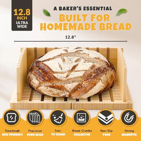 قطاعة خبز احترافية عريضة للغاية مقاس 12.8 بوصة للعجين المخمر والأرغفة الحرفية - تصميم مغناطيسي قابل للتوسيع، فتحة قطع قابلة للتعديل وقابلة للطي وخالية من الخدش - مثالية للاستخدام المنزلي في الخبز والمخبوزات in Kuwait