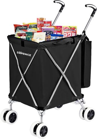 Folding Grocery Shopping Cart Rolling Utility Cart with 360° Double Front Swivel Wheels Waterproof Removable Canvas Bag with Cover for Laundry Grocery, Shopping, Baggage, Picnic (Blue) in Kuwait