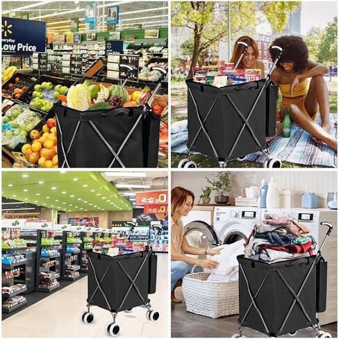 Folding Grocery Shopping Cart Rolling Utility Cart with 360° Double Front Swivel Wheels Waterproof Removable Canvas Bag with Cover for Laundry Grocery, Shopping, Baggage, Picnic (Blue) in Kuwait