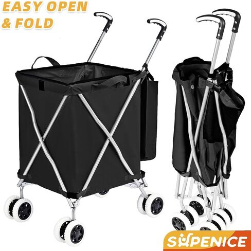 Folding Grocery Shopping Cart Rolling Utility Cart with 360° Double Front Swivel Wheels Waterproof Removable Canvas Bag with Cover for Laundry Grocery, Shopping, Baggage, Picnic (Blue) in Kuwait