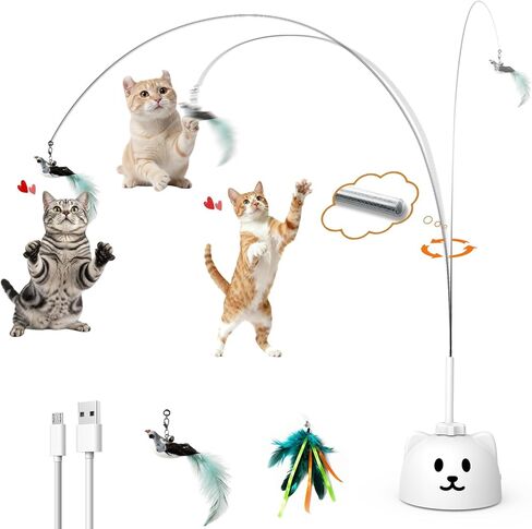 Interactive Cat Toys for Indoor Cats: Upgraded 360° Automatic Spin Flying Bird Feather Wand with Silicone Protected Rod Safe Play, Strong 8cm Suction Cup, USB-Rechargeable for Bored Kittens and Adult in Kuwait