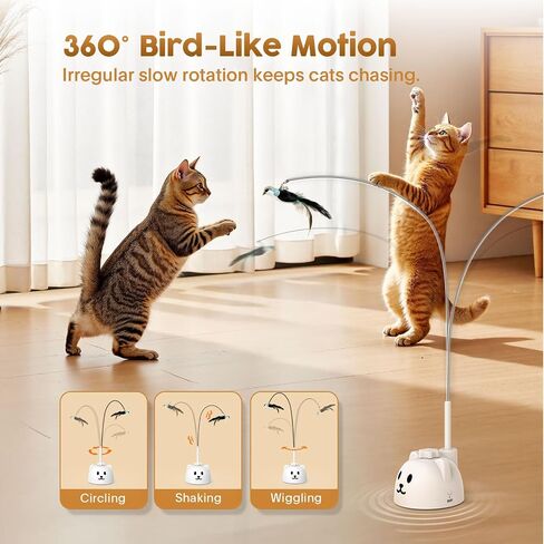 Interactive Cat Toys for Indoor Cats: Upgraded 360° Automatic Spin Flying Bird Feather Wand with Silicone Protected Rod Safe Play, Strong 8cm Suction Cup, USB-Rechargeable for Bored Kittens and Adult in Kuwait