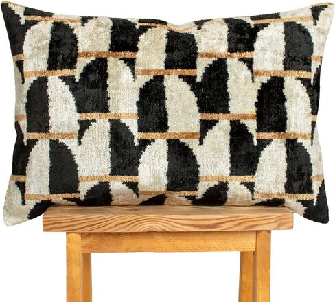 Black Off White Ikat Velvet Lumbar Pillow Geometric Pattern Cushion Modern Neutral Throw Pillow 12x20 Decorative Sofa Accent in Saudi Arabia