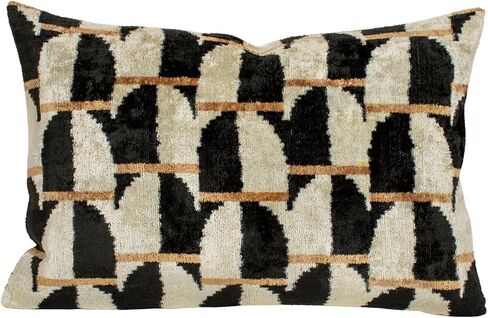 Black Off White Ikat Velvet Lumbar Pillow Geometric Pattern Cushion Modern Neutral Throw Pillow 12x20 Decorative Sofa Accent in Saudi Arabia