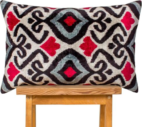 Diamond Ikat Velvet Pillow Red Black Gray Cushion 20x20 Modern Boho Decorative Home Decor in Saudi Arabia