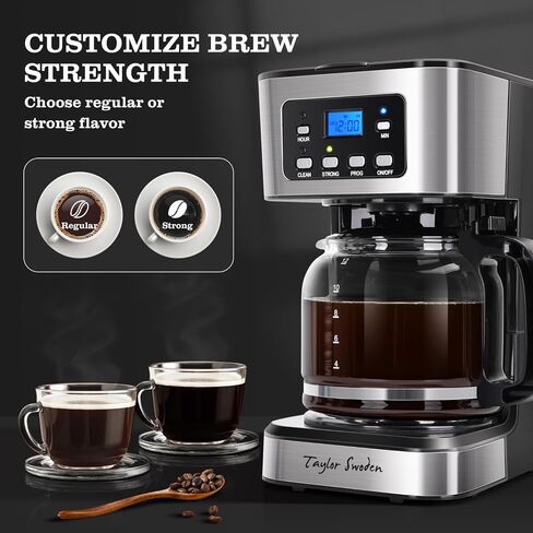 Taylor Swoden 12-Cup Programmable Coffee Maker, Regular & Strong Brew Drip Coffee Machine for Home and Office, Glass Carafe, Pause & Serve, Auto Shut Off, Black & Stainless Steel in Saudi Arabia