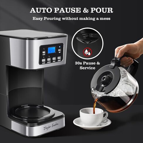 Taylor Swoden 12-Cup Programmable Coffee Maker, Regular & Strong Brew Drip Coffee Machine for Home and Office, Glass Carafe, Pause & Serve, Auto Shut Off, Black & Stainless Steel in Saudi Arabia