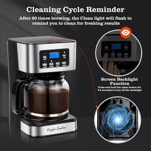 Taylor Swoden 12-Cup Programmable Coffee Maker, Regular & Strong Brew Drip Coffee Machine for Home and Office, Glass Carafe, Pause & Serve, Auto Shut Off, Black & Stainless Steel in Saudi Arabia