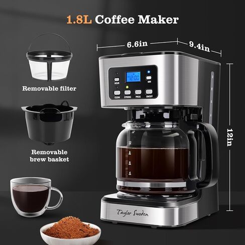 Taylor Swoden 12-Cup Programmable Coffee Maker, Regular & Strong Brew Drip Coffee Machine for Home and Office, Glass Carafe, Pause & Serve, Auto Shut Off, Black & Stainless Steel in Saudi Arabia