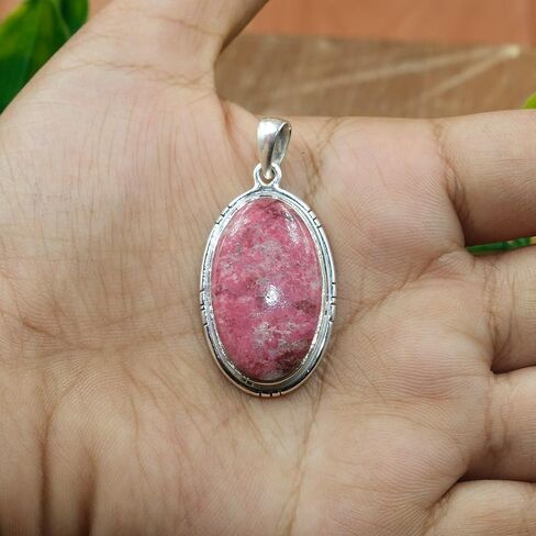 Natural Pink Thulite Oval Cabochon Gemstone Bezel Set Handmade Artisan Statement Pendant in 925 Sterling Silver in Saudi Arabia