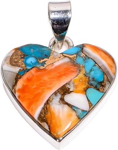 Natural Top Quality Orange Spiny Oyster Turquoise Gemstone 925 Sterling Silver Heart Shape Orange Stone Handmade Statement Pendant Necklace for Women Gift for Her in Saudi Arabia
