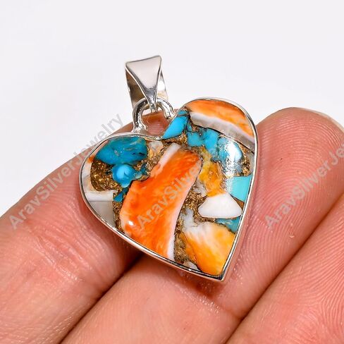 Natural Top Quality Orange Spiny Oyster Turquoise Gemstone 925 Sterling Silver Heart Shape Orange Stone Handmade Statement Pendant Necklace for Women Gift for Her in Saudi Arabia