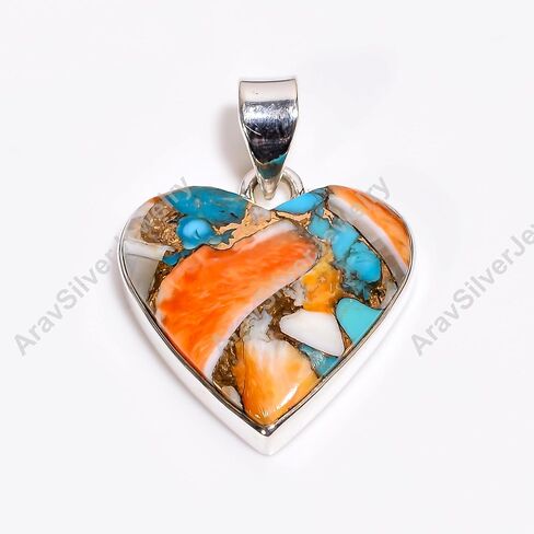 Natural Top Quality Orange Spiny Oyster Turquoise Gemstone 925 Sterling Silver Heart Shape Orange Stone Handmade Statement Pendant Necklace for Women Gift for Her in Saudi Arabia