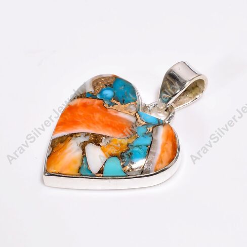 Natural Top Quality Orange Spiny Oyster Turquoise Gemstone 925 Sterling Silver Heart Shape Orange Stone Handmade Statement Pendant Necklace for Women Gift for Her in Saudi Arabia