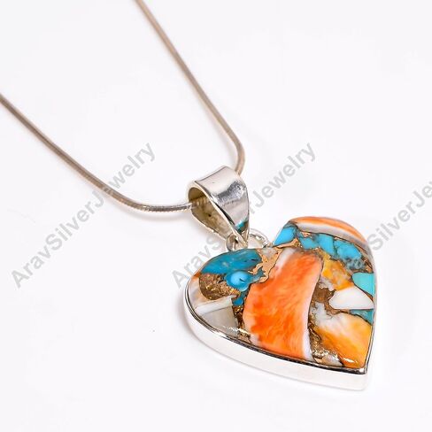 Natural Top Quality Orange Spiny Oyster Turquoise Gemstone 925 Sterling Silver Heart Shape Orange Stone Handmade Statement Pendant Necklace for Women Gift for Her in Saudi Arabia