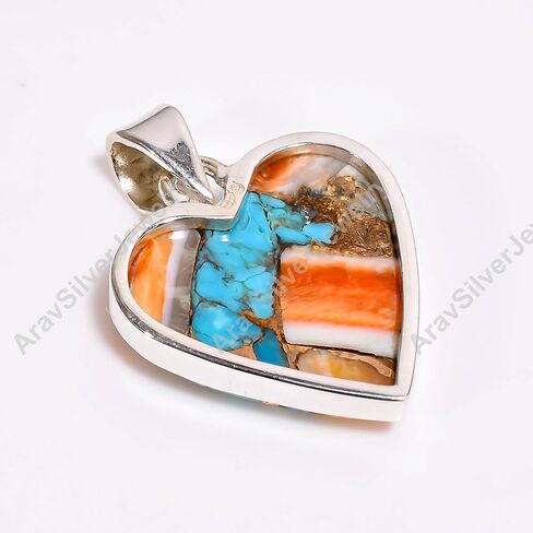 Natural Top Quality Orange Spiny Oyster Turquoise Gemstone 925 Sterling Silver Heart Shape Orange Stone Handmade Statement Pendant Necklace for Women Gift for Her in Saudi Arabia