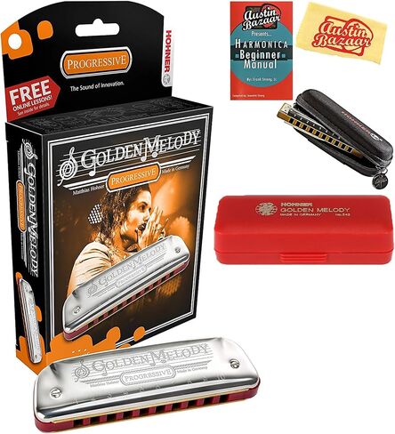 Hohner Golden Melody Harmonica - Key of C Bundle with Zip Case, Instructional Manual, and Austin Bazaar Polishing Cloth in Kuwait